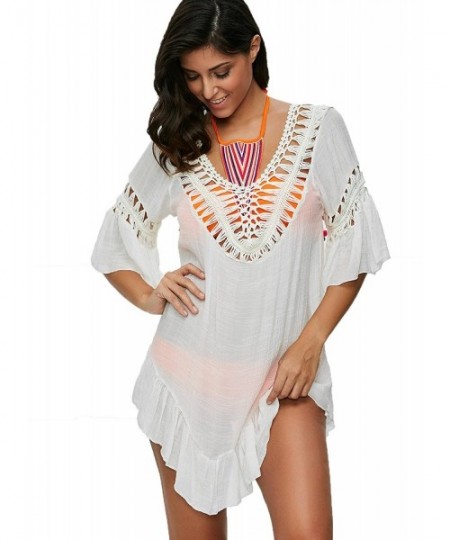 Cover-Ups Blue Island Women's Tassel Crochet Tunic Swim Cover Up- Multi Off-White - CG17YGT9Y6T