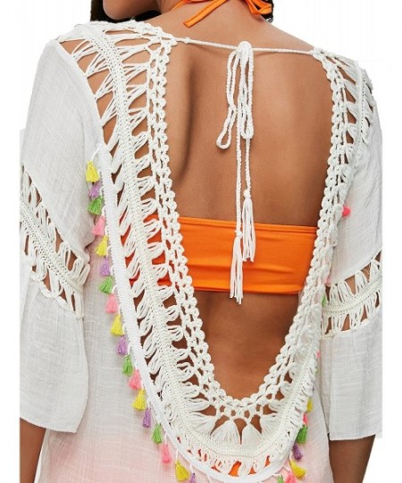 Cover-Ups Blue Island Women's Tassel Crochet Tunic Swim Cover Up- Multi Off-White - CG17YGT9Y6T