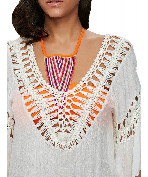 Cover-Ups Blue Island Women's Tassel Crochet Tunic Swim Cover Up- Multi Off-White - CG17YGT9Y6T