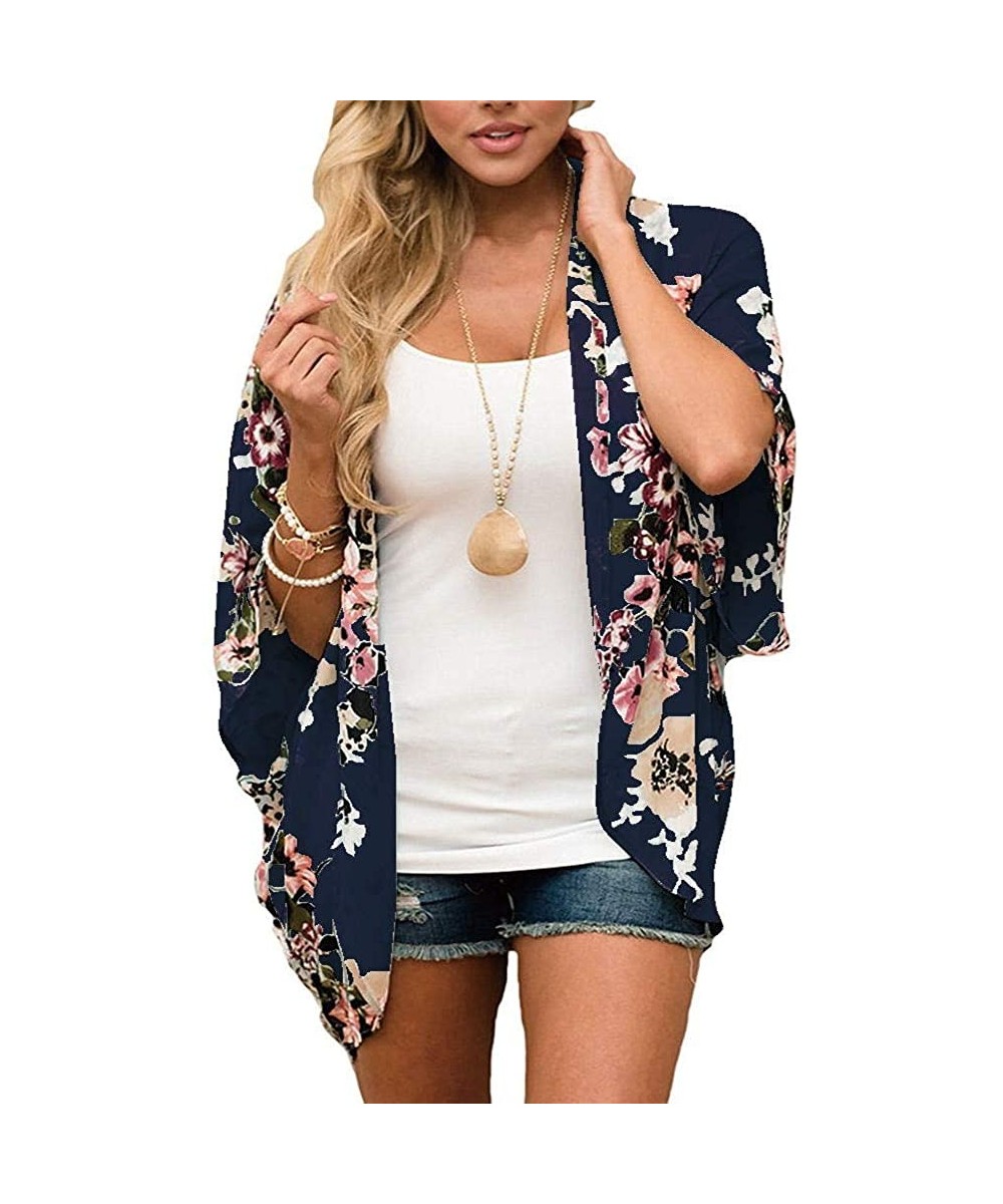 Cover-Ups Women's Sheer Chiffon Blouse Loose Tops Kimono Floral Print Cardigan - T51 - C018ISD5ED8