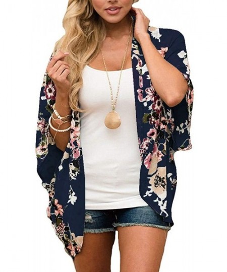 Cover-Ups Women's Sheer Chiffon Blouse Loose Tops Kimono Floral Print Cardigan - T51 - C018ISD5ED8