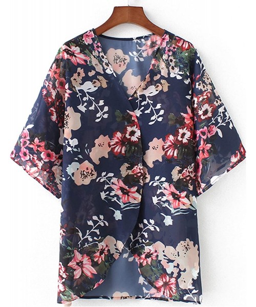 Cover-Ups Women's Sheer Chiffon Blouse Loose Tops Kimono Floral Print Cardigan - T51 - C018ISD5ED8