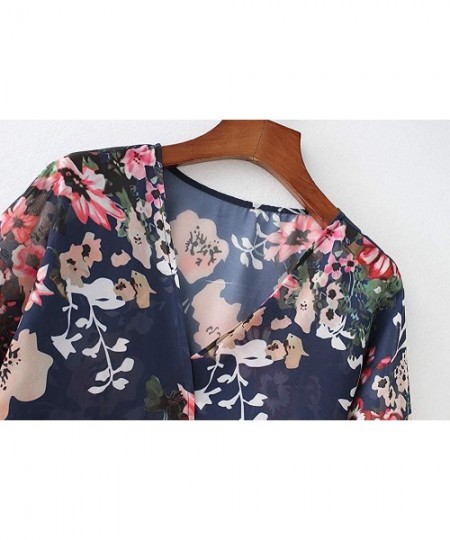 Cover-Ups Women's Sheer Chiffon Blouse Loose Tops Kimono Floral Print Cardigan - T51 - C018ISD5ED8