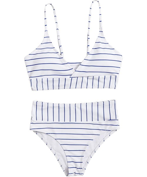 Sets Women's Striped V Neck Spaghetti Strap Top with High Waist Bikini Set - Blue - CO19CGSHLDO