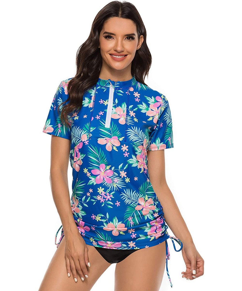 Rash Guards Women Rash Guard Short Sleeve Swimsuit Top with Zipper Floral Print Swim Shirt UPF 50 - F-107 - CH194S0Y79N