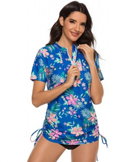 Rash Guards Women Rash Guard Short Sleeve Swimsuit Top with Zipper Floral Print Swim Shirt UPF 50 - F-107 - CH194S0Y79N