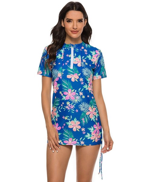 Rash Guards Women Rash Guard Short Sleeve Swimsuit Top with Zipper Floral Print Swim Shirt UPF 50 - F-107 - CH194S0Y79N