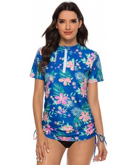 Rash Guards Women Rash Guard Short Sleeve Swimsuit Top with Zipper Floral Print Swim Shirt UPF 50 - F-107 - CH194S0Y79N