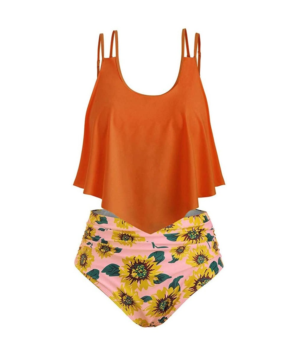 One-Pieces Women Two Piece Bathing Suit Top Ruffled Racerback High Waisted Tankini Plus Size Swimwear - Z01-orange - CN198G6ANTC