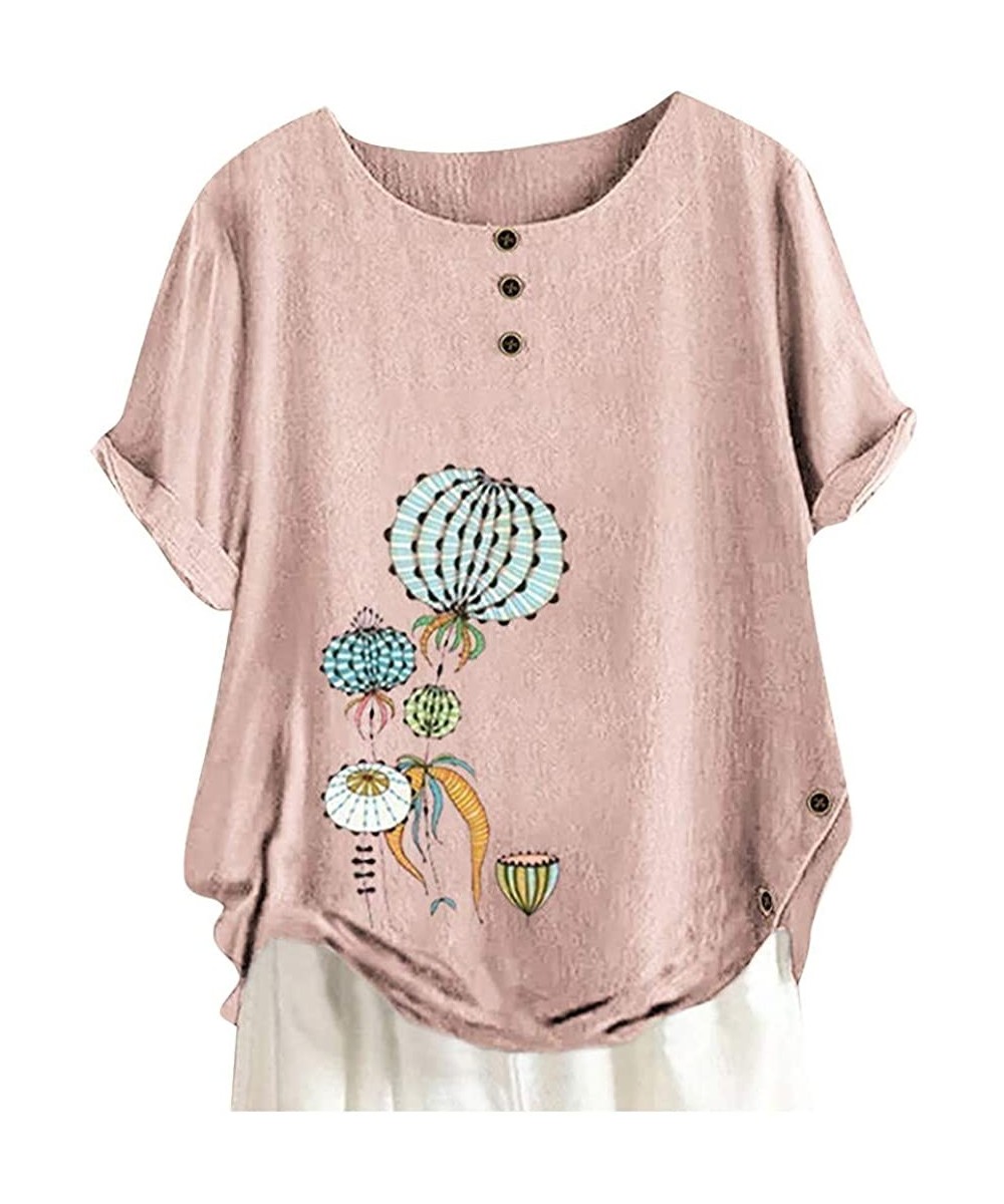 Bottoms Short Sleeve Tee Blouse for Women-Women Linen Dandelion Print Button Blouses Boat Neck T Shirt Tops - Pink a - C8198S...