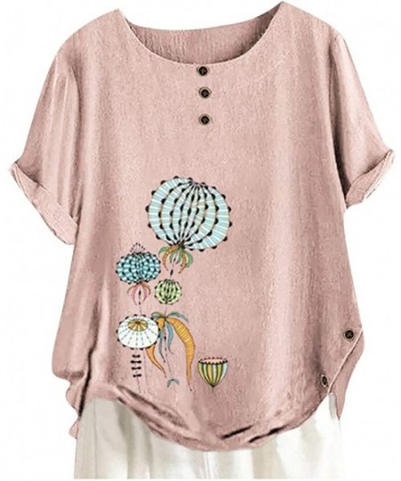 Bottoms Short Sleeve Tee Blouse for Women-Women Linen Dandelion Print Button Blouses Boat Neck T Shirt Tops - Pink a - C8198S...