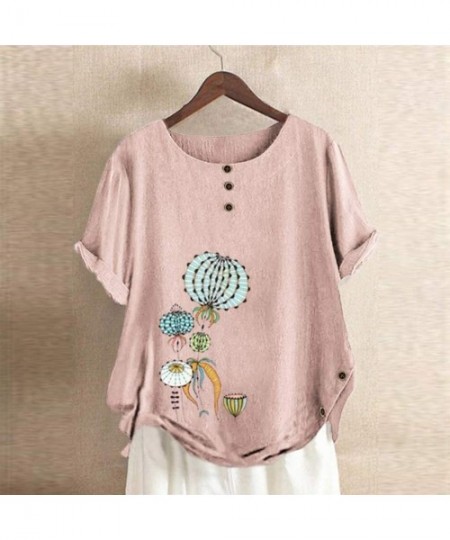 Bottoms Short Sleeve Tee Blouse for Women-Women Linen Dandelion Print Button Blouses Boat Neck T Shirt Tops - Pink a - C8198S...