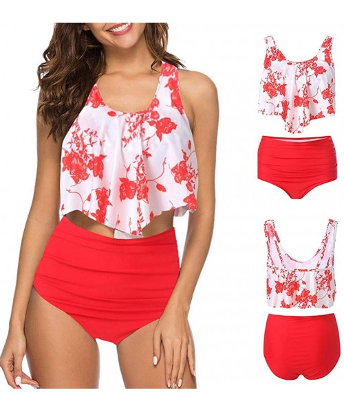 Rash Guards 2PC Women Bikini Set High Waist Swimsuit Floral Print Bathinsuit Beach Swimwear - Red - CT19620K8SI