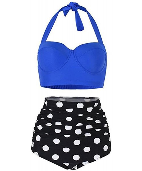 Sets Women's Two Piece Bikini Set Retro Vintage Polka Underwire High Waisted Swimsuit Bathing Suits - Black+blue - C818GLOKARS