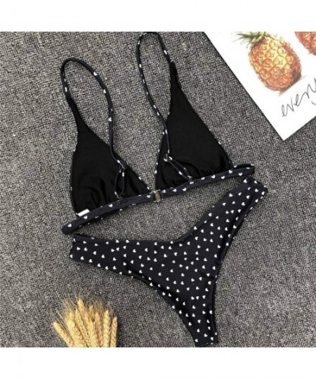 Sets Women Cute 2 Pieces Push Up Swimsuit Padded Love Printing Bikini Set Swimwear Bathing Suit - Black - CM18SYM6HLH