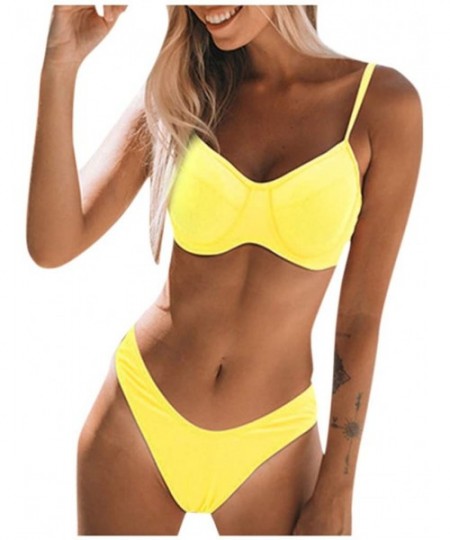 One-Pieces High Waisted Swimsuit Women Printing Padded Push up 2 Piece Bikini Sets Swimsuits Bathing Suit - Z02-yellow - CG19...