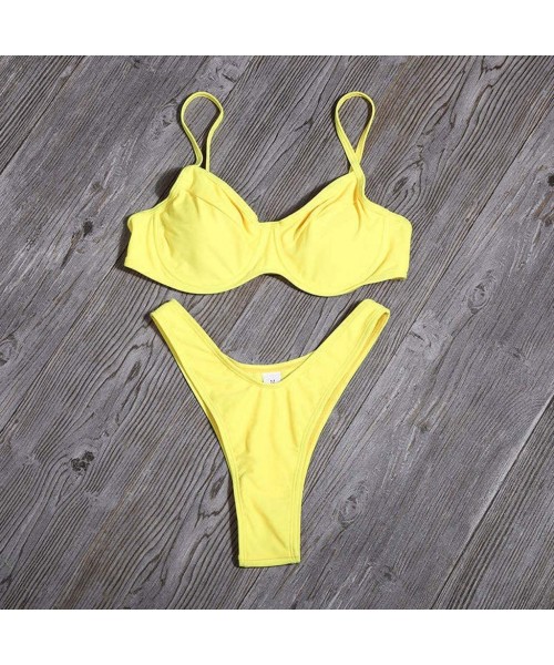 One-Pieces High Waisted Swimsuit Women Printing Padded Push up 2 Piece Bikini Sets Swimsuits Bathing Suit - Z02-yellow - CG19...