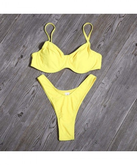 One-Pieces High Waisted Swimsuit Women Printing Padded Push up 2 Piece Bikini Sets Swimsuits Bathing Suit - Z02-yellow - CG19...