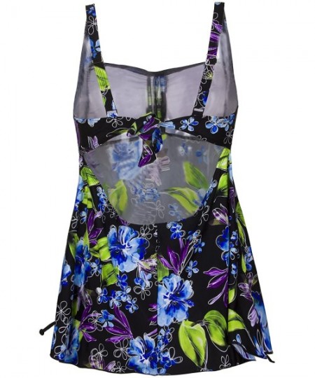 Tankinis Women's Retro Print Plus Size Swimdress Cover Up Swim Tankini Set Two Piece Swimsuit(FBA) - Black Blue - CF184HZWYO6