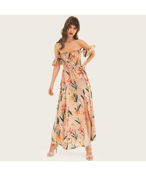 Cover-Ups Women's Short Sleeve Loose Maxi Dresses Casual Long Dresses with Pockets - Beige - CF197IKXTWD