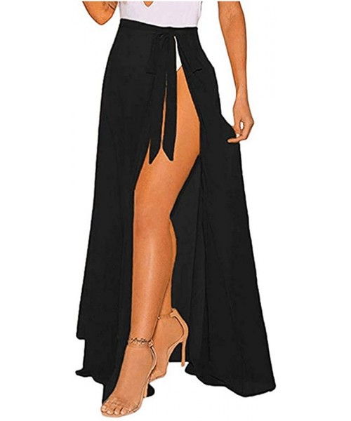 Cover-Ups Women Beach Cover-Ups Wrap Skirt Sheer Slit Sarong Casual Loose Swimwear Coverups for Womens - Black - CC195URNNUU