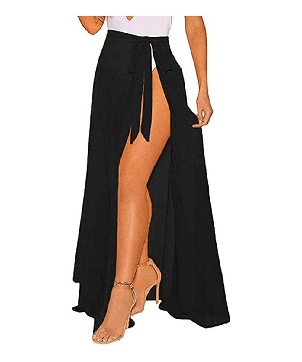 Cover-Ups Women Beach Cover-Ups Wrap Skirt Sheer Slit Sarong Casual Loose Swimwear Coverups for Womens - Black - CC195URNNUU