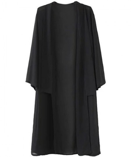 Cover-Ups Womens Solid Loose Long Cardigan Chiffon Sheer Beach Wear Cover Ups Blouses - Black - C8185Q68EQL