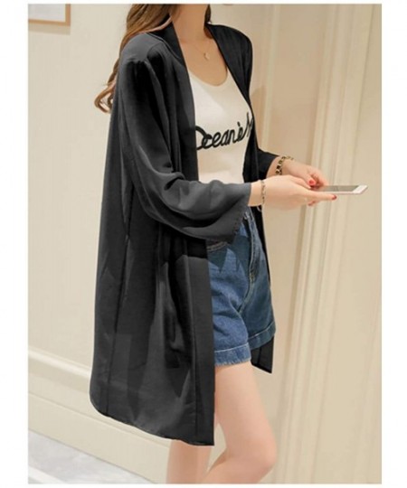 Cover-Ups Womens Solid Loose Long Cardigan Chiffon Sheer Beach Wear Cover Ups Blouses - Black - C8185Q68EQL