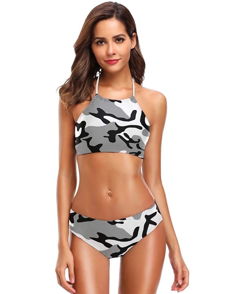 Sets Green Serious Virus Cell 2 Pcs Halter High Waist Swimsuit Bathing Set for Woman Girls - Camouflage Black - CV18O3QHQ9U