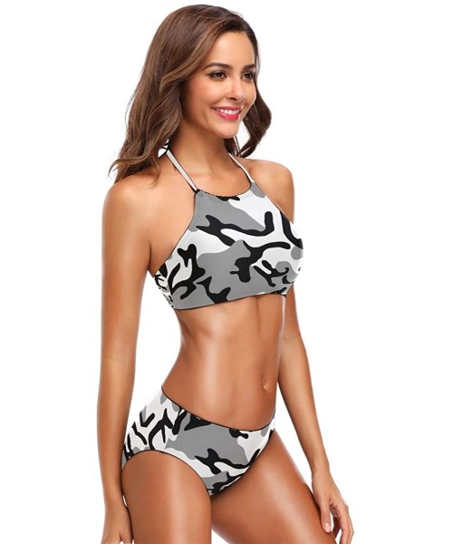 Sets Green Serious Virus Cell 2 Pcs Halter High Waist Swimsuit Bathing Set for Woman Girls - Camouflage Black - CV18O3QHQ9U