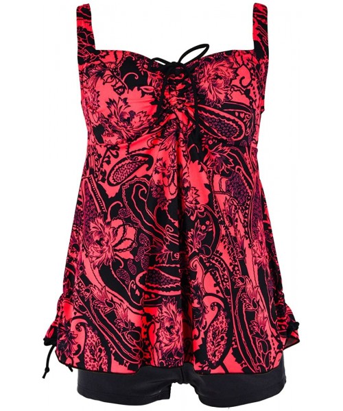 Tankinis Women's Plus Size Swimwear Floral Tankini Set Drawtring Modest Two Piece Swimsuit - Red Floral - CS12ISECYGT