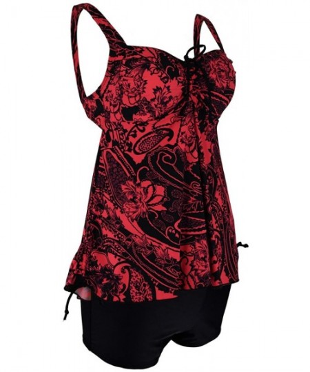 Tankinis Women's Plus Size Swimwear Floral Tankini Set Drawtring Modest Two Piece Swimsuit - Red Floral - CS12ISECYGT