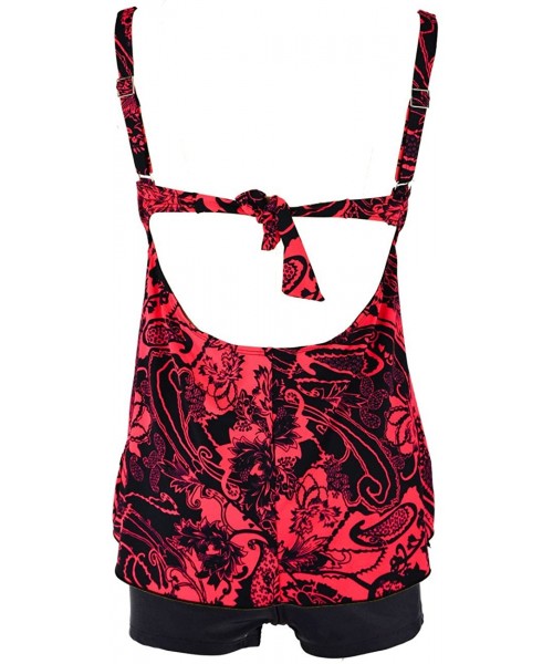 Tankinis Women's Plus Size Swimwear Floral Tankini Set Drawtring Modest Two Piece Swimsuit - Red Floral - CS12ISECYGT