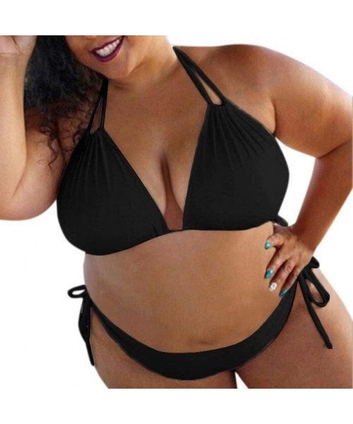 Sets Women Sexy Solid Color Two Pieces Swimsuit Halter Triangle Bra Plus Size Bikini Set Tie Side Bottom Swimwear Black - CD1...