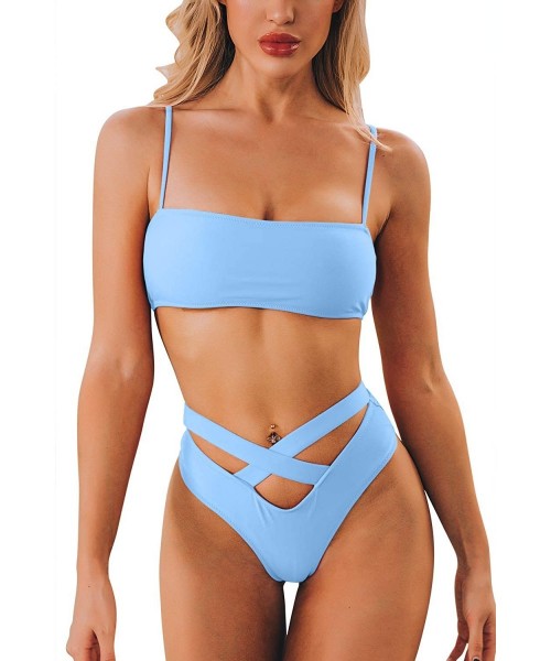 Sets Womens Sexy High Waist Bandage Bikini Beachwear Swimsuit - Blue - CP190Z75UAI