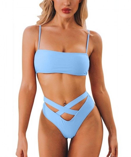 Sets Womens Sexy High Waist Bandage Bikini Beachwear Swimsuit - Blue - CP190Z75UAI