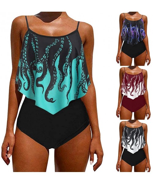 Sets Womens Push-Up Padded Overlay Octopus Print Flounce Swimsuits Strappy Tankini Swimwear Bathing Suits Two Piece Set - Dar...