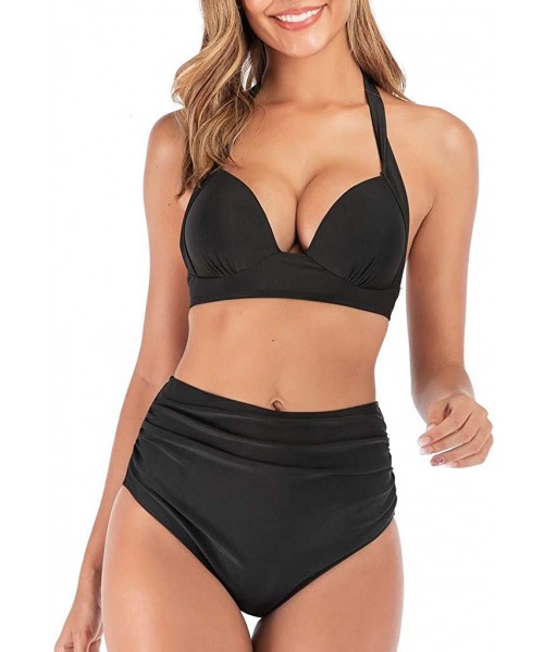 Sets 2 Piece Sexy Bathing Suit for Women Solid Halter Push up Strappy Bra Side Tie Bikini Set Swimsuit Swimwear A black - CJ1...