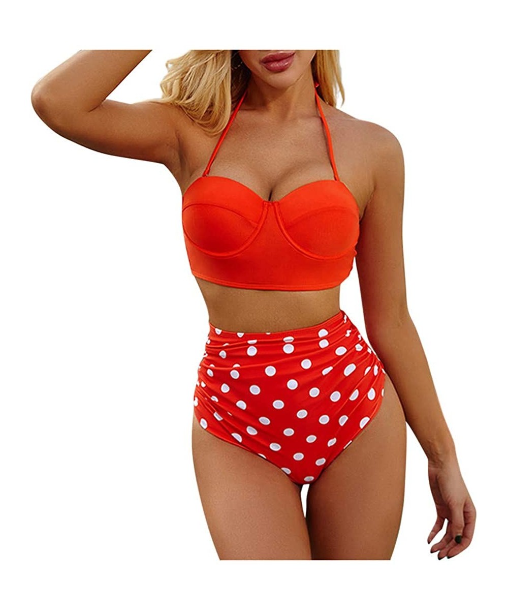 One-Pieces Swimsuit for Women Two Piece Retro Halter Ruched High Waist Print Bikini Set Swimwear Beach Bathing Suits Y b Red ...