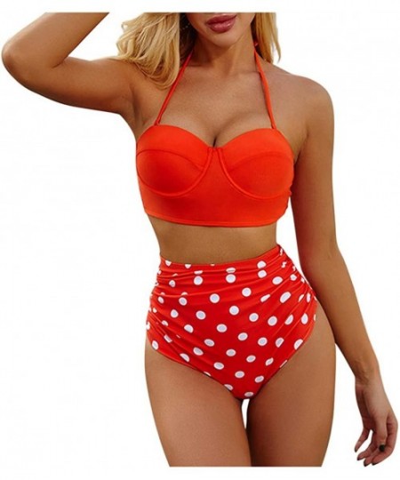 One-Pieces Swimsuit for Women Two Piece Retro Halter Ruched High Waist Print Bikini Set Swimwear Beach Bathing Suits Y b Red ...