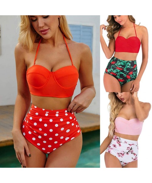 One-Pieces Swimsuit for Women Two Piece Retro Halter Ruched High Waist Print Bikini Set Swimwear Beach Bathing Suits Y b Red ...