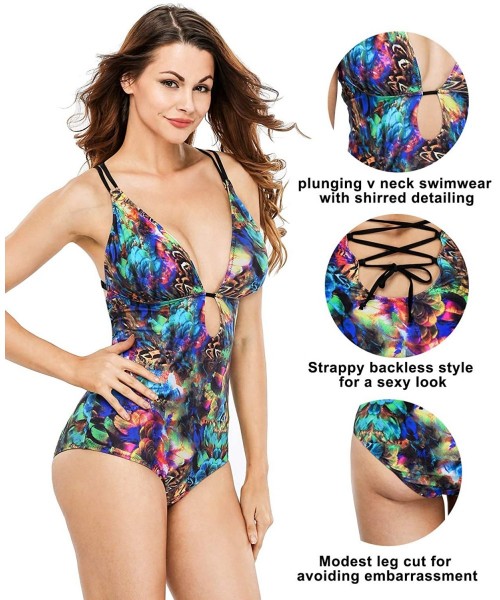 One-Pieces Womens Lace Up Back One Piece Bathing Suit Deep Plunge Padded Swimsuit - Multicolored - CX183GLN6XK