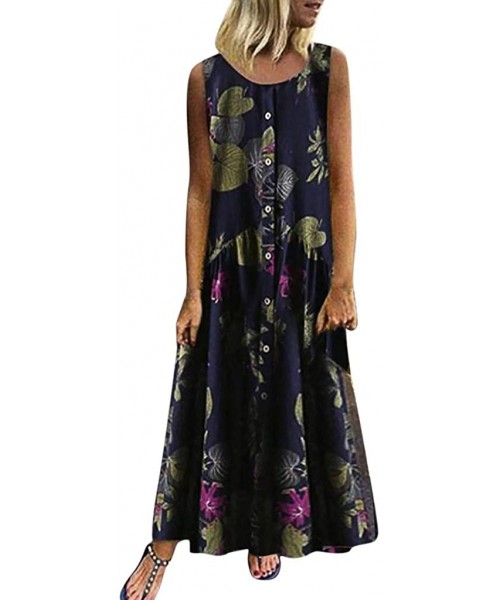 Cover-Ups Women's Dresses-2020 Summer Newest Arrival Plus Size Bohemian O-Neck Floral Vintage Sleeve Long Maxi - Navy - C218U...