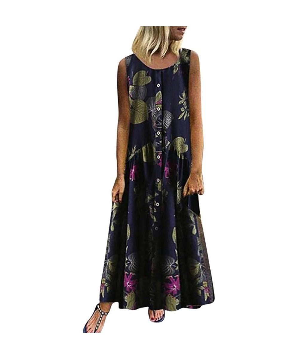 Cover-Ups Women's Dresses-2020 Summer Newest Arrival Plus Size Bohemian O-Neck Floral Vintage Sleeve Long Maxi - Navy - C218U...