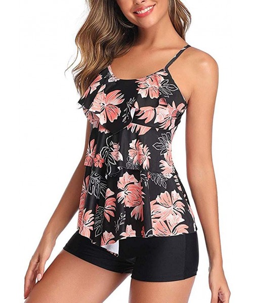 Sets Women Bohemian Flower Tankini High Neck Halter Tummy Control Swimsuit - Black - CQ196ITWW3K