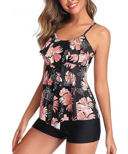 Sets Women Bohemian Flower Tankini High Neck Halter Tummy Control Swimsuit - Black - CQ196ITWW3K