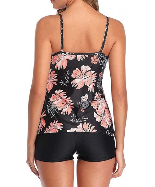 Sets Women Bohemian Flower Tankini High Neck Halter Tummy Control Swimsuit - Black - CQ196ITWW3K