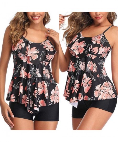 Sets Women Bohemian Flower Tankini High Neck Halter Tummy Control Swimsuit - Black - CQ196ITWW3K