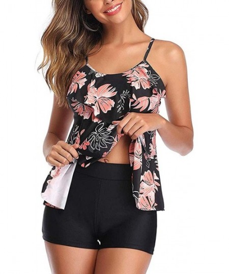 Sets Women Bohemian Flower Tankini High Neck Halter Tummy Control Swimsuit - Black - CQ196ITWW3K