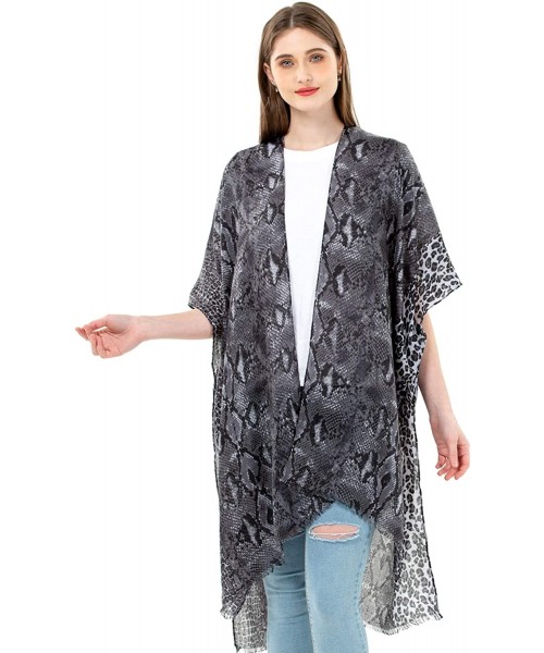 Cover-Ups Women's Kimono Lightweight Beach Cover Up Chiffon Cardigan Sun Protective Summer Dress Floral Blouse Beachwear - Bl...